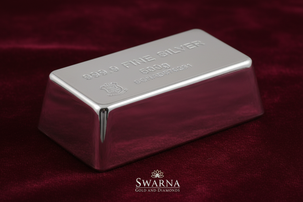 Back view of Swarna 500g Fine Silver Bar with hallmark and serial number