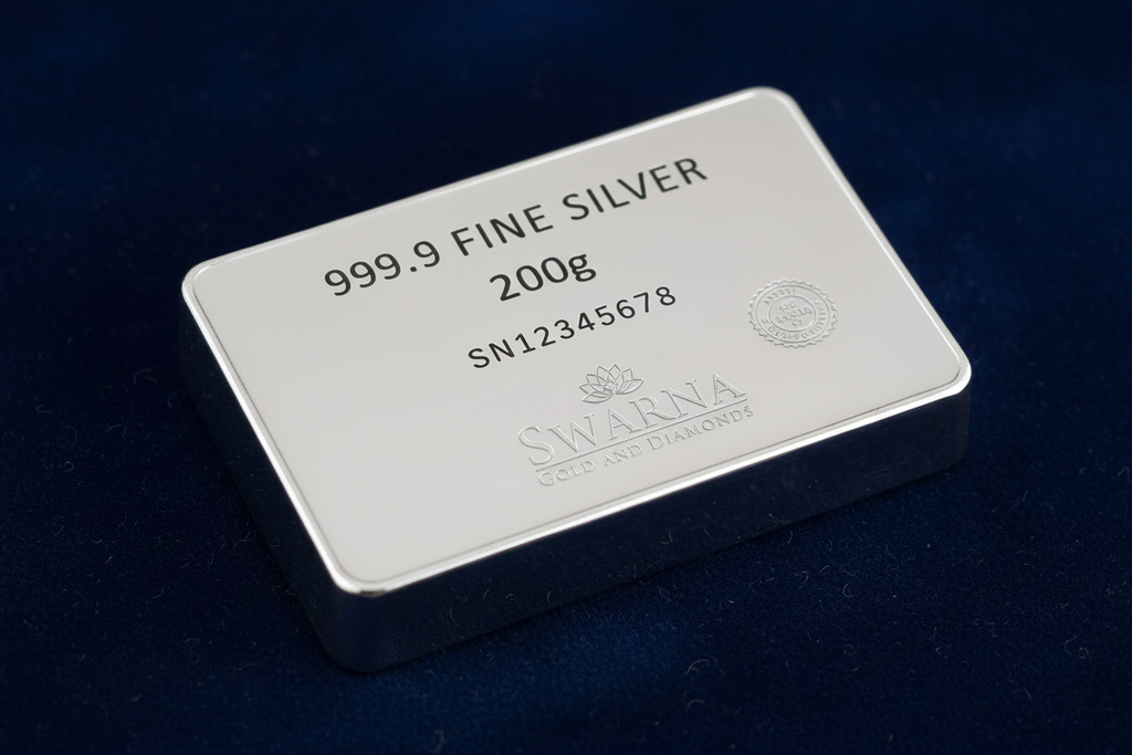 Back view of Swarna 200g Fine Silver Bar with hallmark and serial number
