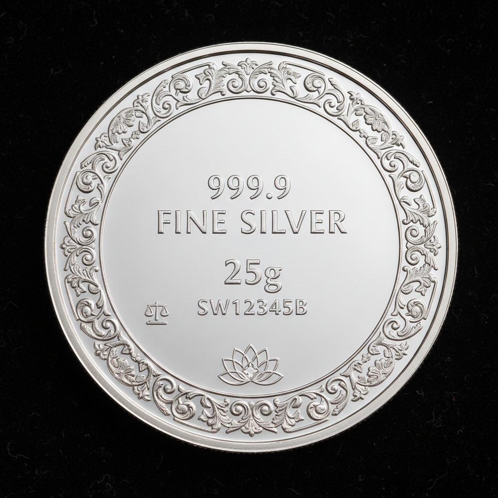 Reverse of Swarna 25g Fine Silver Coin with 25g weight engraved