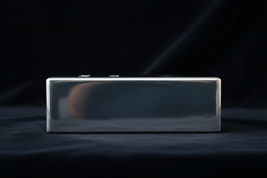 Side view of Swarna 1kg Fine Silver Bar showing thickness and beveled edges