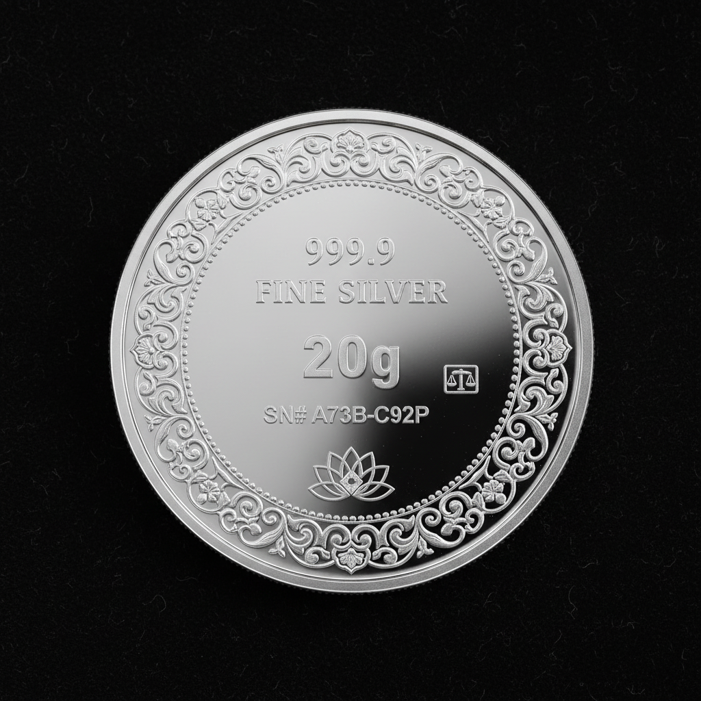 Reverse of Swarna 20g Fine Silver Coin with 20g weight engraved