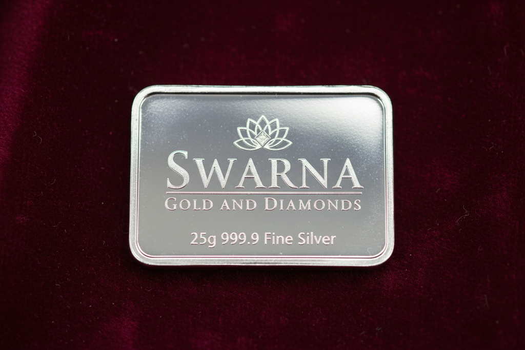Front view of Swarna 25g Fine Silver Bar with Swarna lotus logo engraved