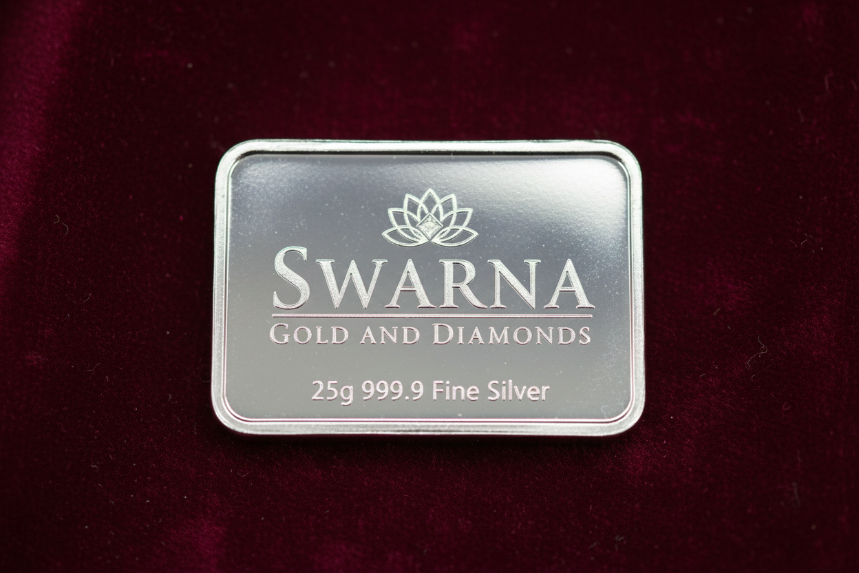 Front view of Swarna 25g Fine Silver Bar with Swarna lotus logo engraved