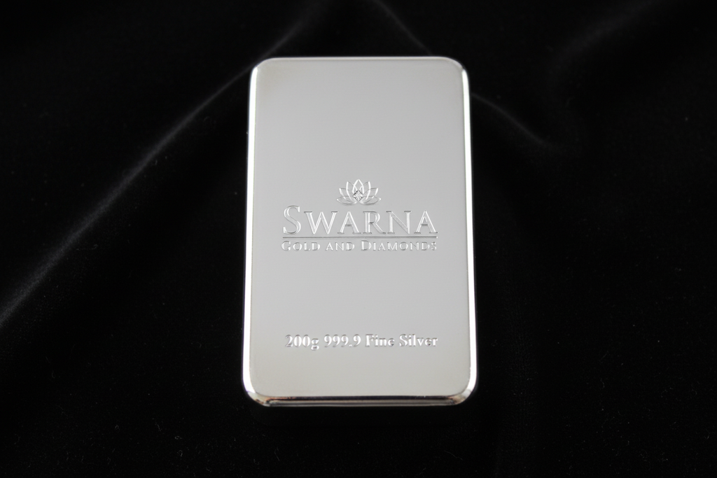 Front view of Swarna 200g Fine Silver Bar with Swarna lotus logo engraved
