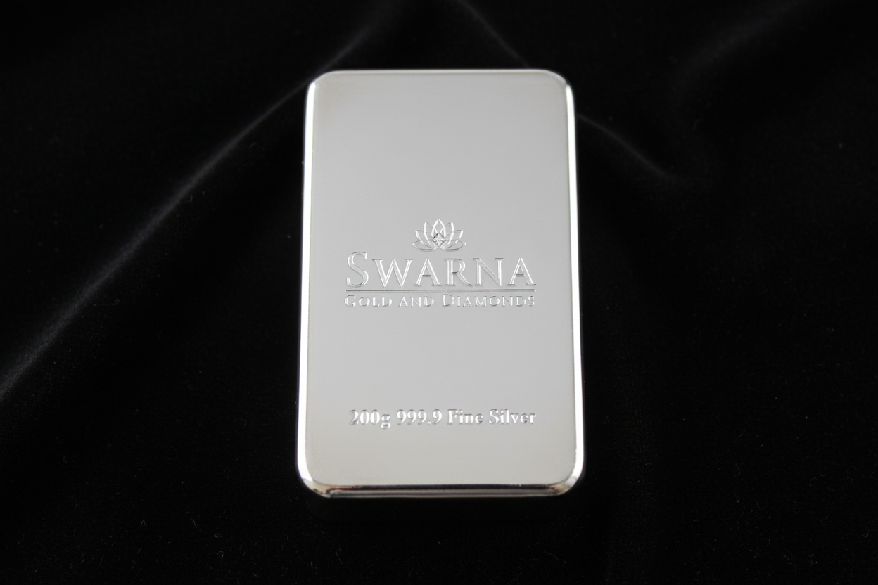 Front view of Swarna 200g Fine Silver Bar with Swarna lotus logo engraved