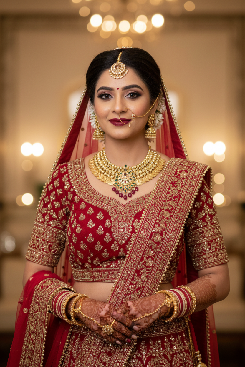 Indian Bride wearing Madhavi Gold Bridal Necklace