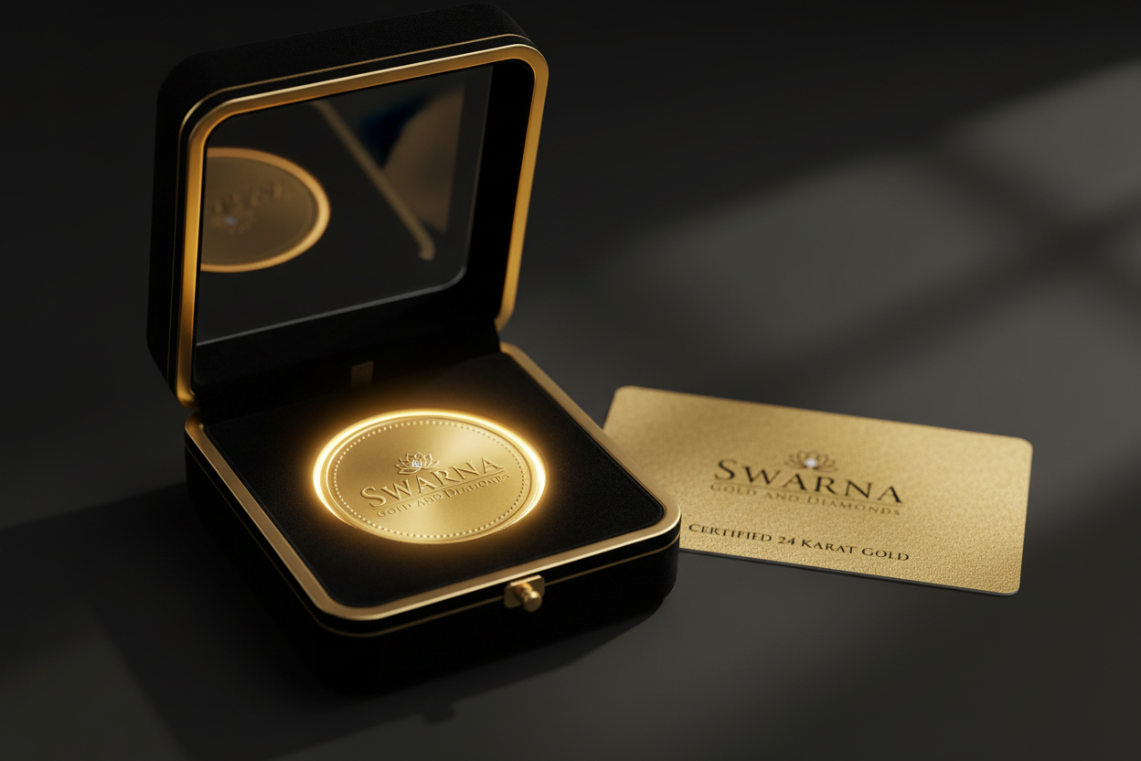 Swarna 10g Fine Gold Coin in luxury velvet coin box with certificate