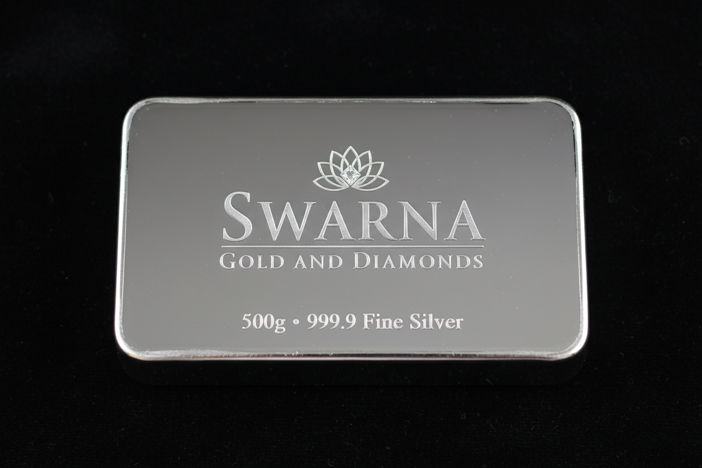 Front view of Swarna 500g Fine Silver Bar with Swarna lotus logo engraved