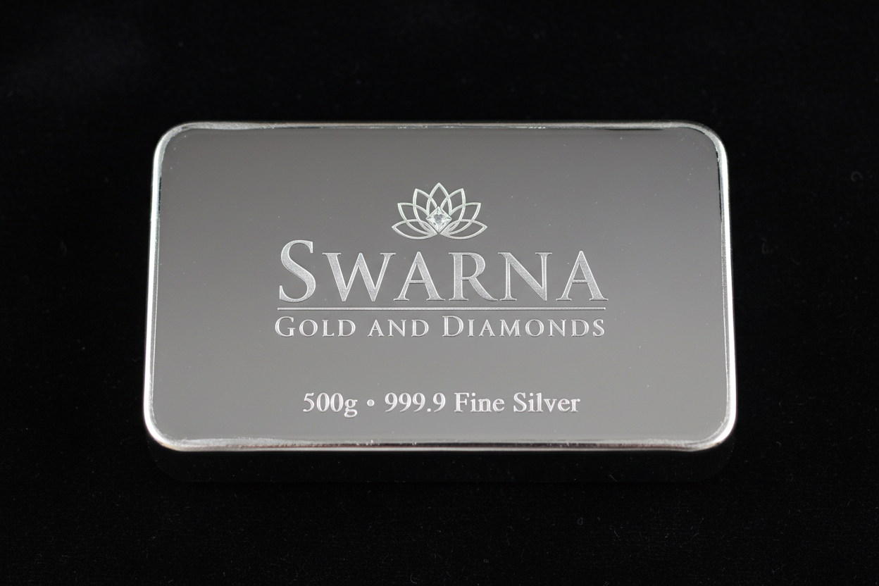Front view of Swarna 500g Fine Silver Bar with Swarna lotus logo engraved