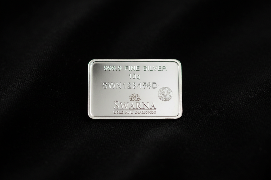 Back view of Swarna 10g Fine Silver Bar with hallmark and serial number