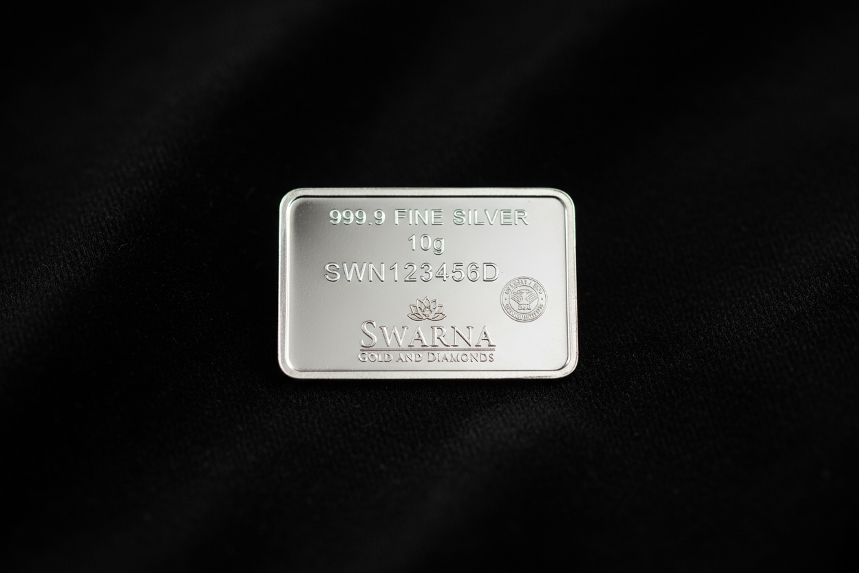 Back view of Swarna 10g Fine Silver Bar with hallmark and serial number