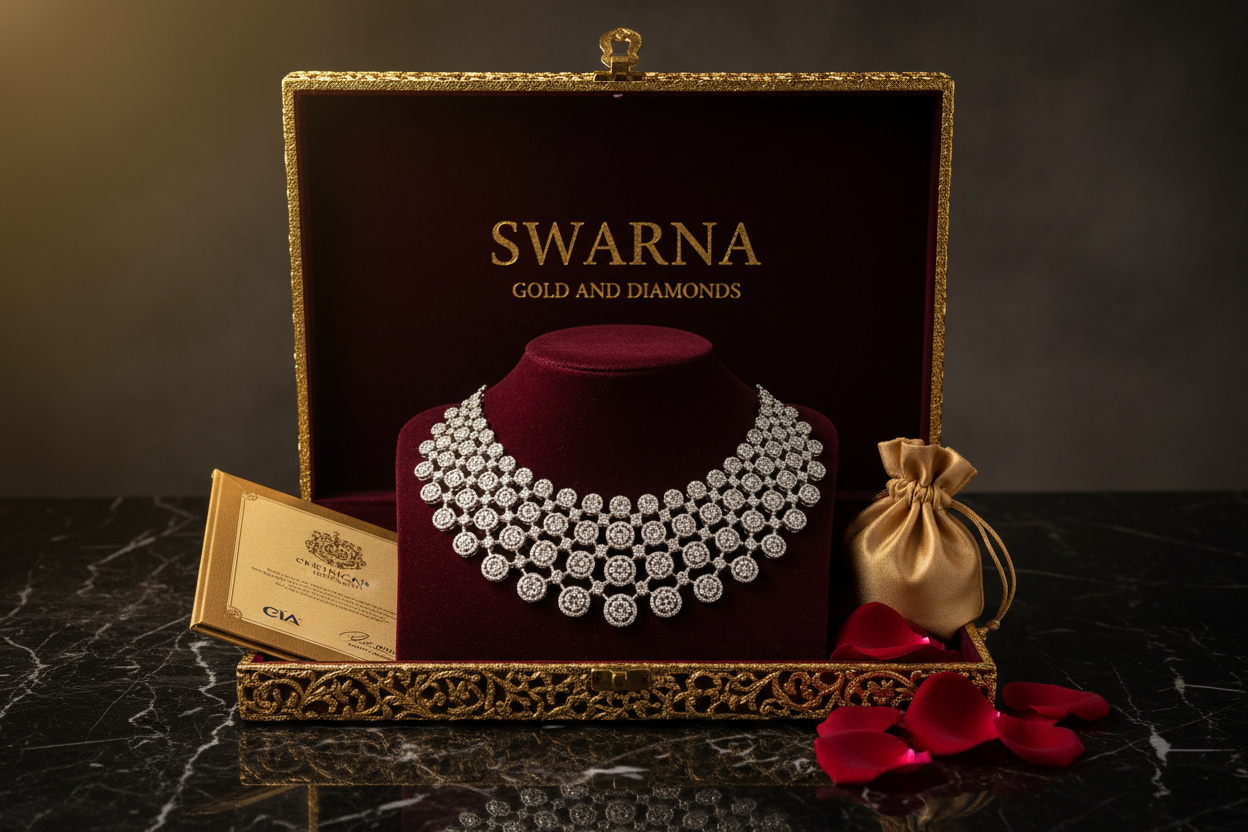 Swarna Gold and Diamonds – Grand Packaging with Eternal Sparkle Diamond Necklace