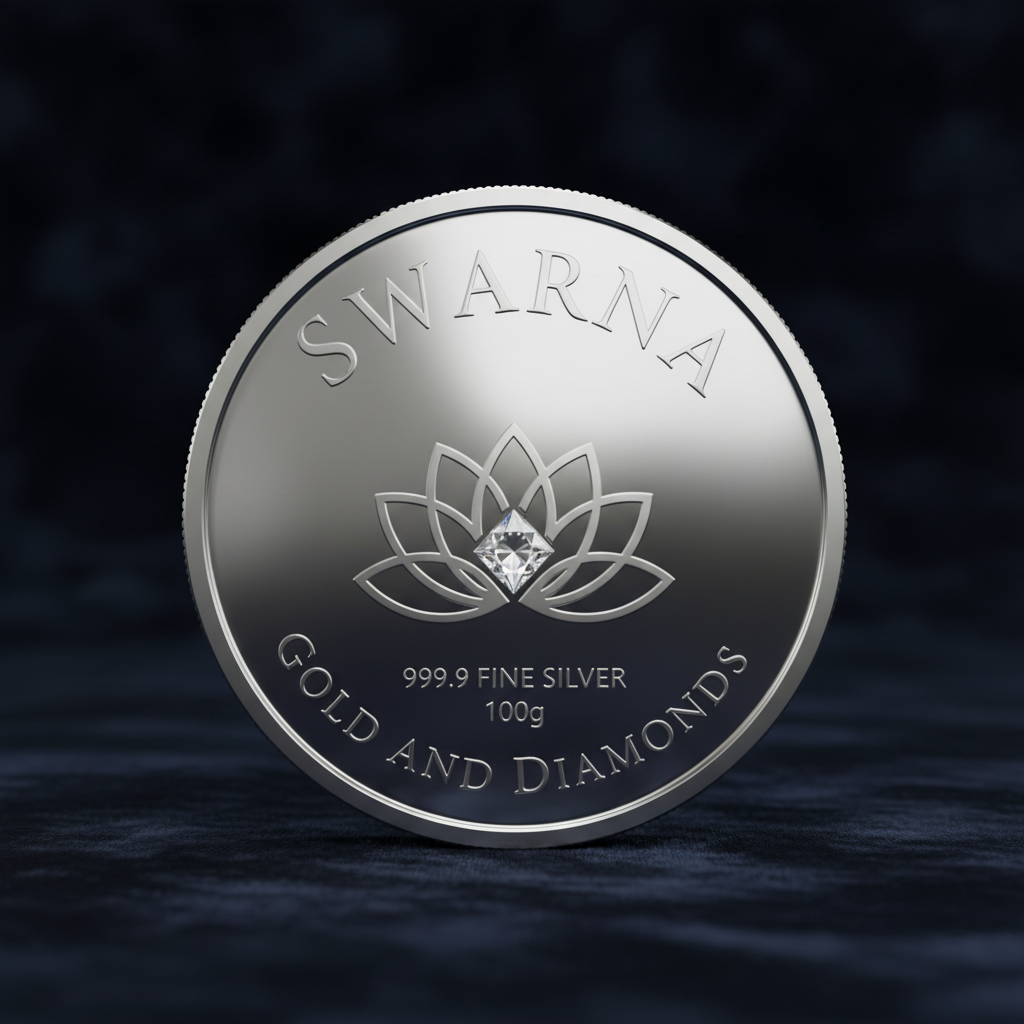 Front of Swarna 100g Fine Silver Coin with lotus diamond logo