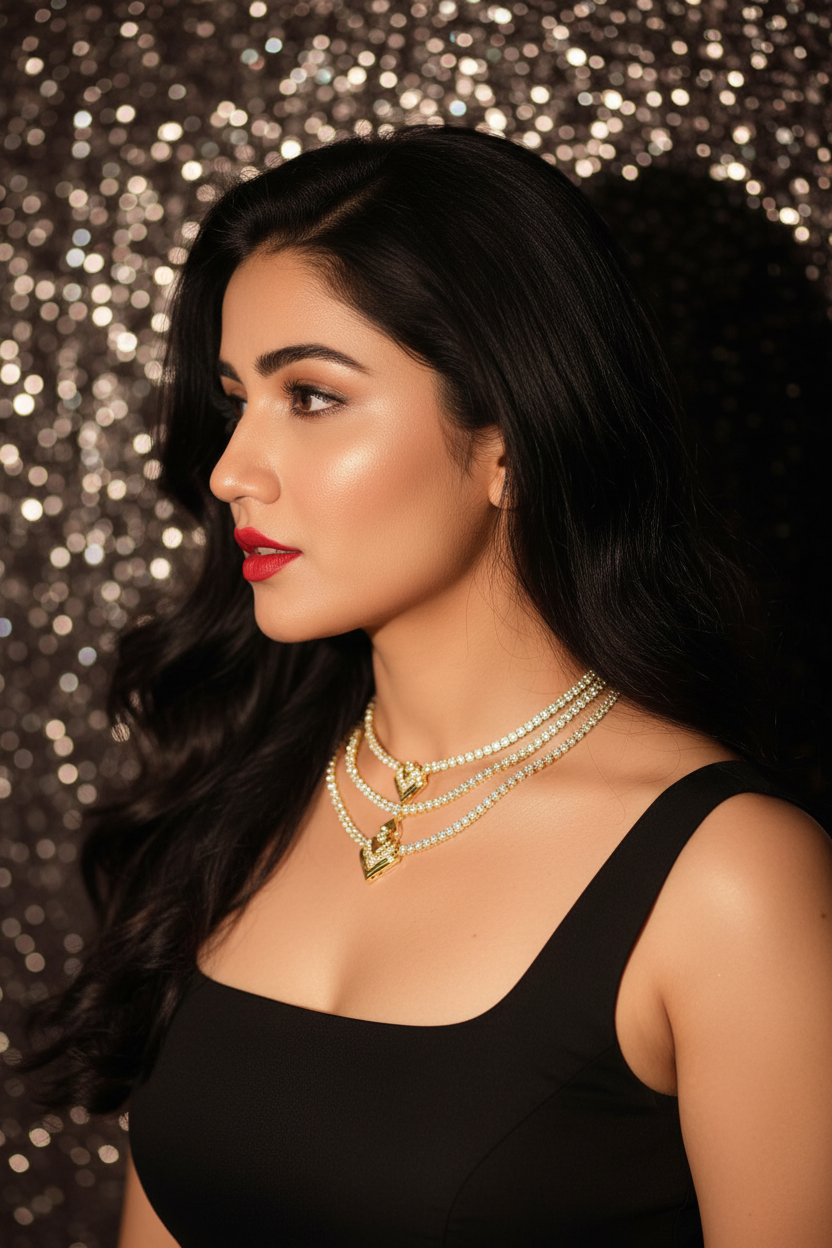 Swarna Diamonds Aviara Three Lines Necklace - Side Profile View