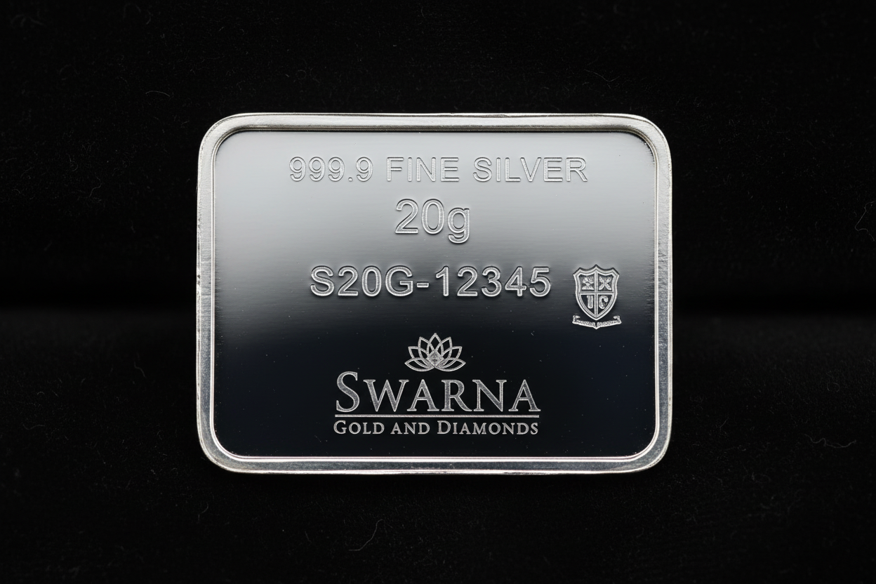 Back view of Swarna 20g Fine Silver Bar with hallmark and serial number