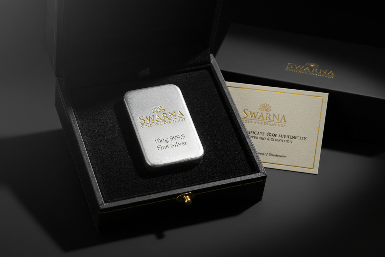 Swarna 100g Fine Silver Bar in luxury black velvet gift box
