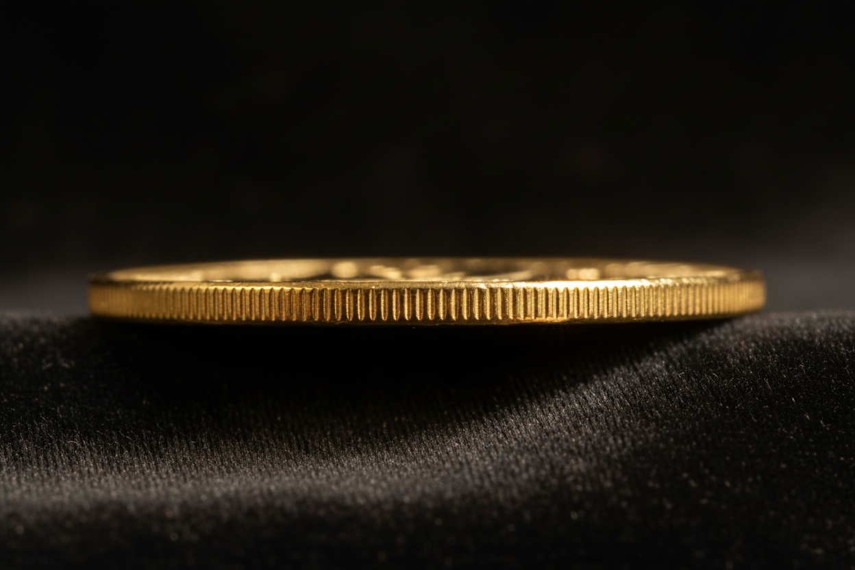 Edge view of Swarna 10g Fine Gold Coin showing reeded milled edge