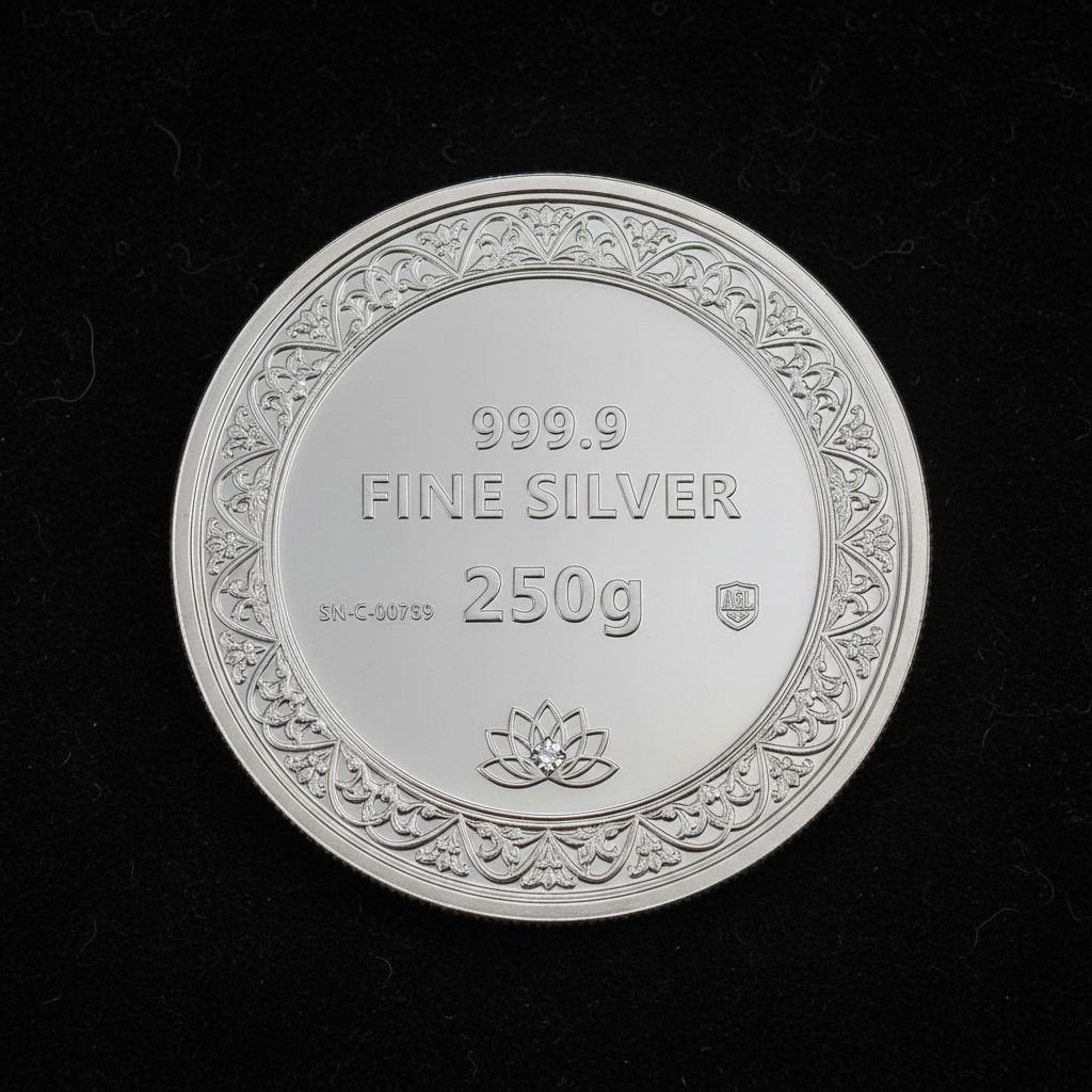 Reverse of Swarna 250g Fine Silver Coin with 250g weight engraved