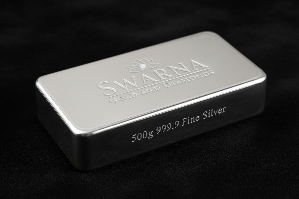 Front view of Swarna 500g Fine Silver Bar with Swarna lotus logo engraved