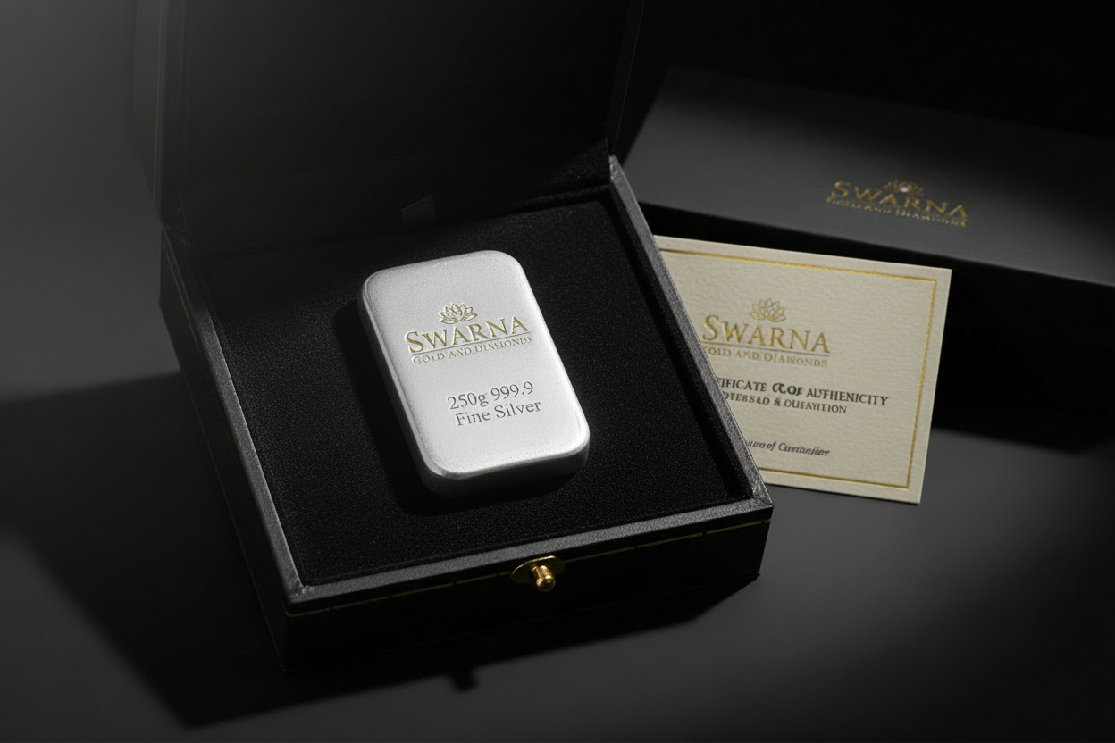 Swarna 250g Fine Silver Bar in luxury black velvet gift box with certificate
