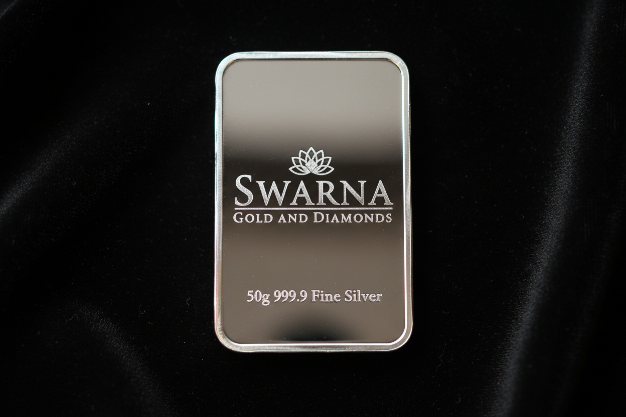 Front view of Swarna 50g Fine Silver Bar with Swarna lotus logo engraved