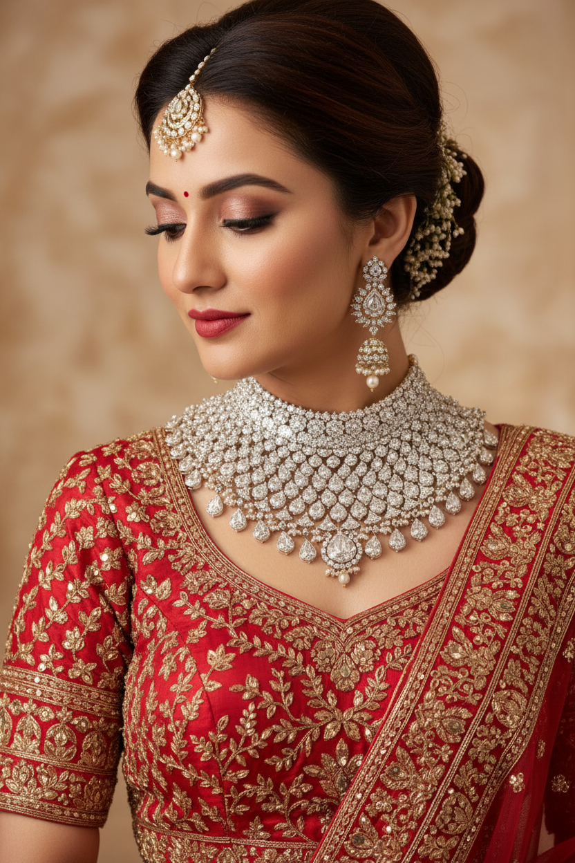 Indian Bride wearing Nyrav Diamond Short Neckwear
