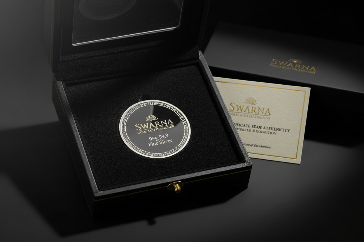 Swarna 250g Fine Silver Coin in luxury velvet coin box with certificate