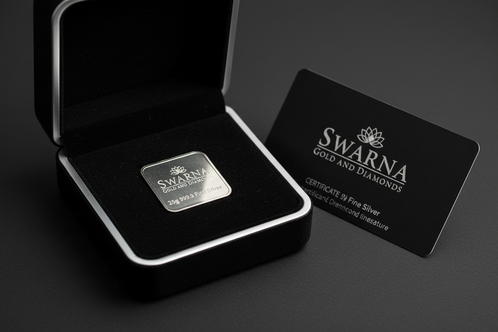Swarna 25g Fine Silver Bar in luxury black velvet gift box