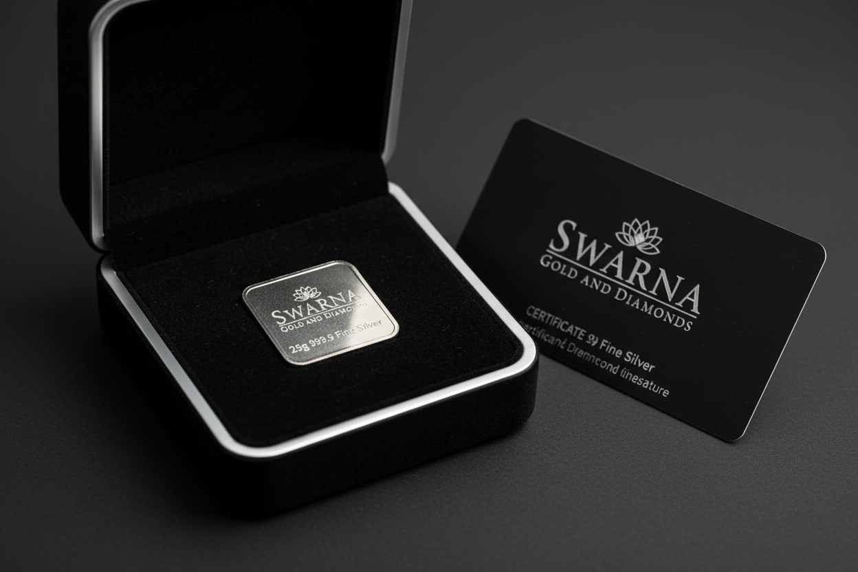 Swarna 25g Fine Silver Bar in luxury black velvet gift box