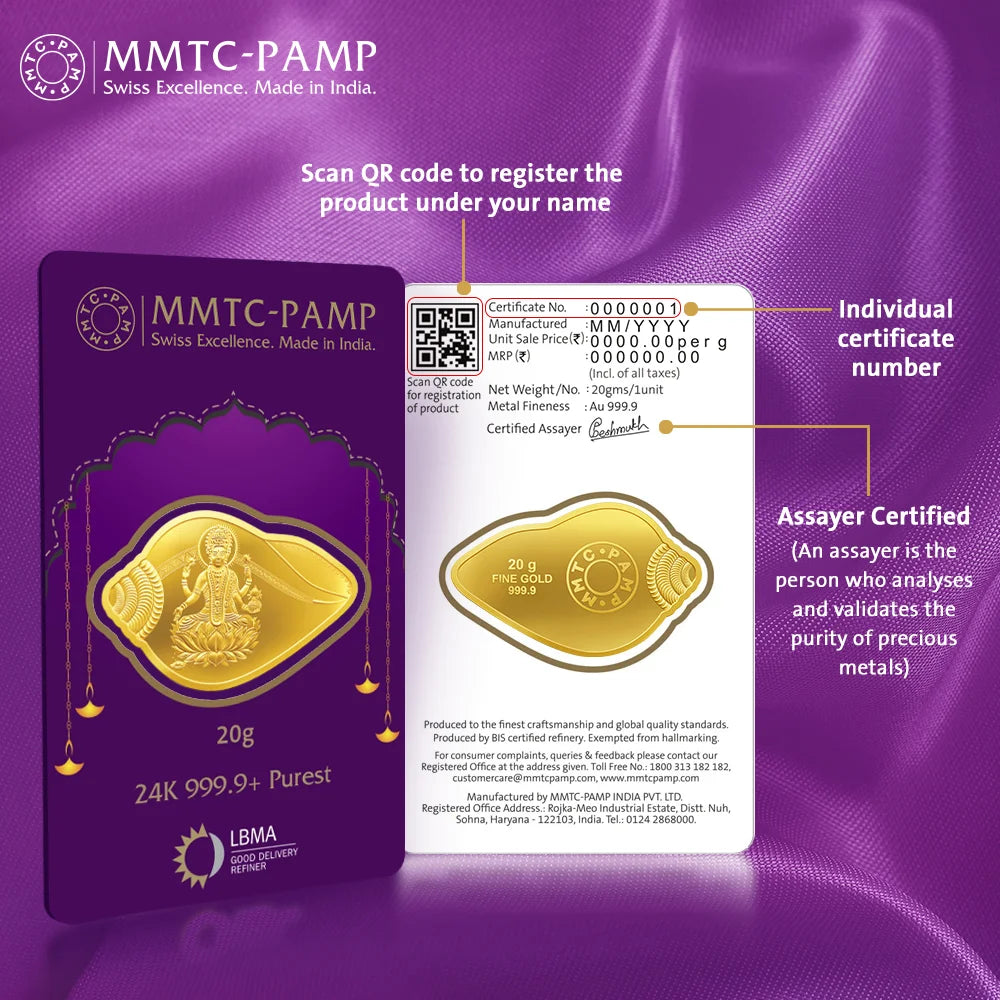 24K Purest 20 gm Shankh Laxmi Gold Bar - 24K (999.9+) - MMTC-PAMP