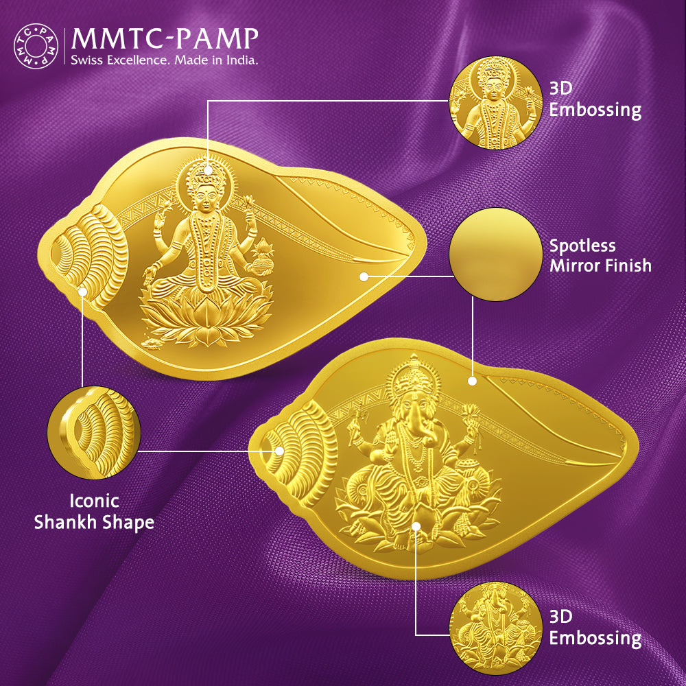 24K Purest 10 gm Lakshmi Ganesh Shankh Shape Gold Coin - 24K (999.9+)  - MMTC-PAMP