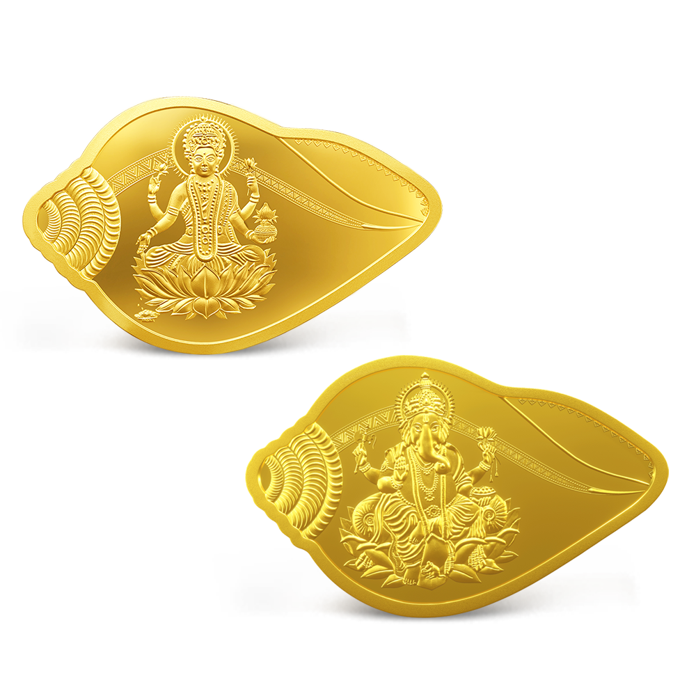 24K Purest 10 gm Lakshmi Ganesh Shankh Shape Gold Coin - 24K (999.9+)  - MMTC-PAMP